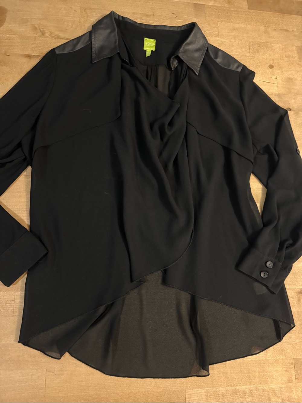 Adam Jacobs Black Draped sheer Blouse with Faux-Leather Collar